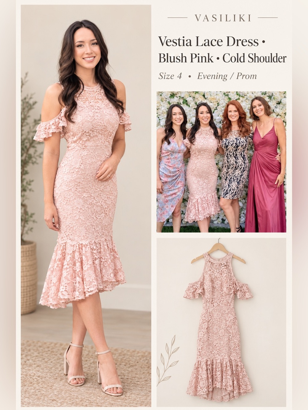 Vasiliki Hestia Lace Dress Blush Pink Lace Cold Shoulder - Size 4 Evening Prom
